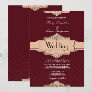 Retro Moderne Burgund Rusty Art Déco Wedding Einladung