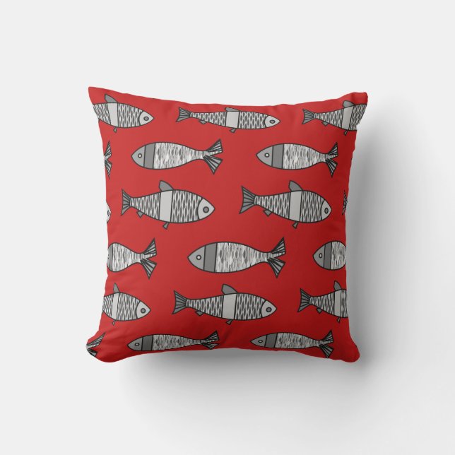 Retro moderne Fische drucken, rot und Grau/Grau Kissen Für Draußen (Vorderseite)