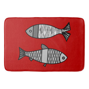 Retro moderne Fische, tiefrot und Grau/Grau Badematte