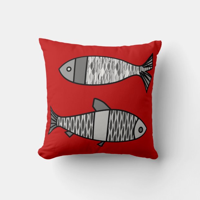 Retro moderne Fische, tiefrot und Grau/Grau Kissen (Vorderseite)
