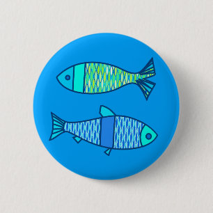 Retro moderne Fische, Türkis und Cerulean Blau Button