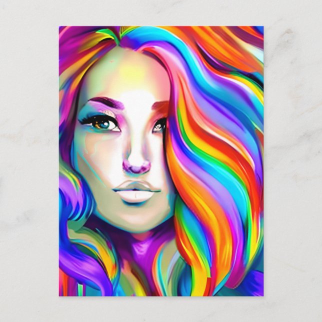 Retro Moderne Frau mit Regenbogenhaar Postkarte (Vorderseite)