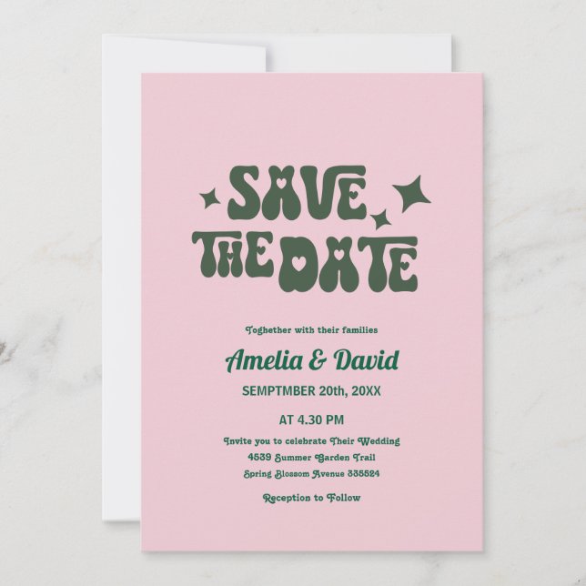Retro moderne Groovy rosa, grüne Hochzeitseinladun Einladung (Vorderseite)