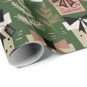 Retro Moderne grüne Rosa Weihnachten Moderne Muste Geschenkpapier
