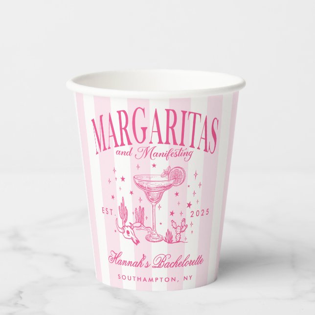 Retro Moderne Margaritas und Matrimone Striped Bac Pappbecher (Vorderseite)