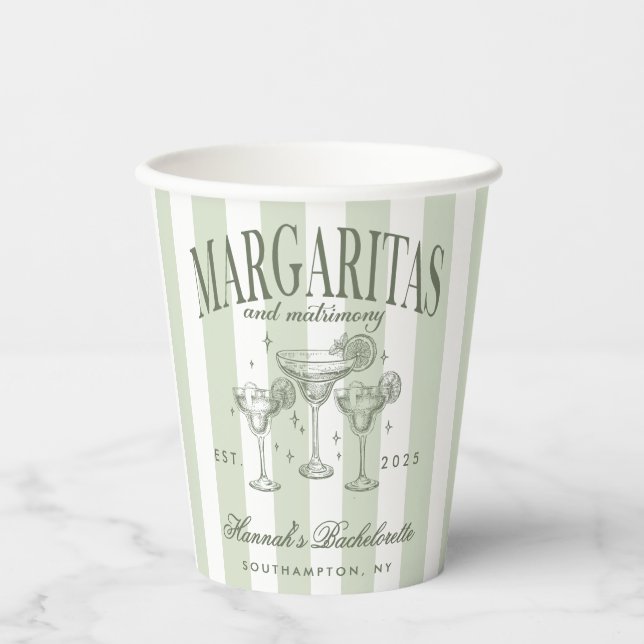 Retro Moderne Margaritas und Matrimone Striped Bac Pappbecher (Vorderseite)