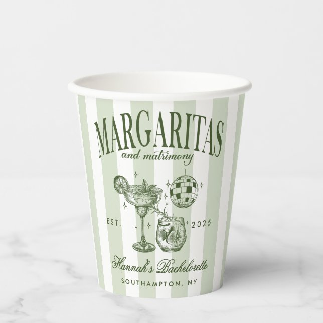 Retro Moderne Margaritas und Matrimone Striped Bac Pappbecher (Vorderseite)