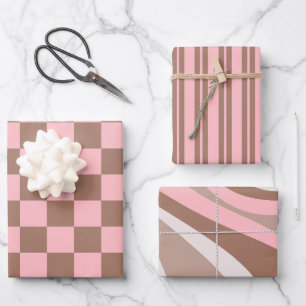 Retro Moderne Mocha-Braun- und rosa-Muster Geschenkpapier Set