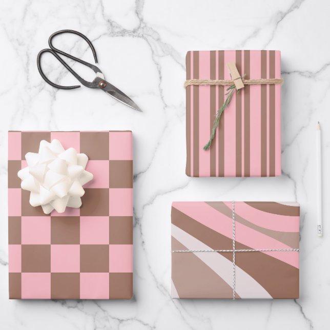 Retro Moderne Mocha-Braun- und rosa-Muster Geschenkpapier Set (Vorderseite)