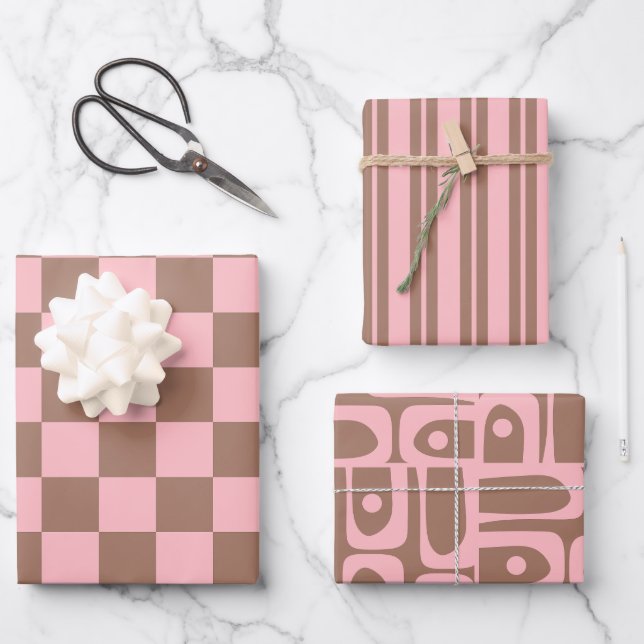Retro Moderne Mocha-Braun- und rosa-Muster Geschenkpapier Set (Vorderseite)