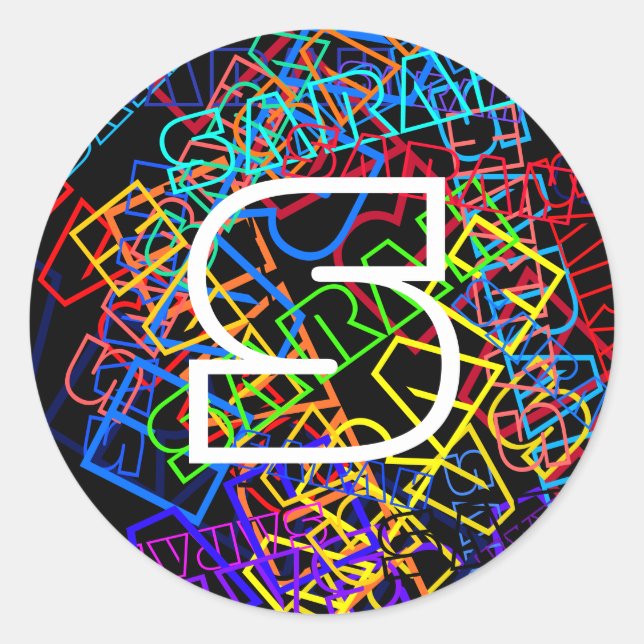 Retro-Moderne Name & Monogram, helle Farben & Schw Runder Aufkleber (Vorderseite)