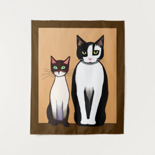 Retro Moderne schwarze und weiße Katze und Kitten Wandteppich