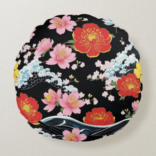 Retro moderne Seigaiha Kirschblüten Japan Party Rundes Kissen