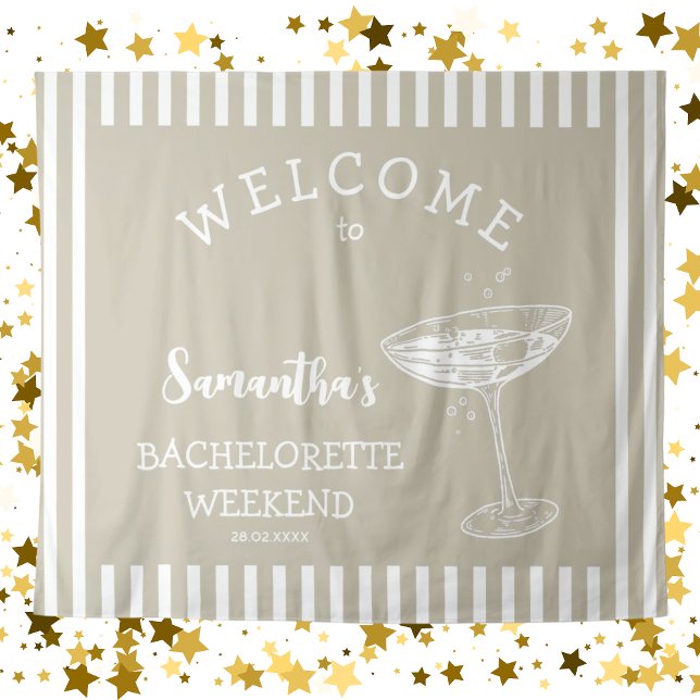 Retro Moderner Beige Junggeselinnen-Abschied Hinte Wandteppich (Retro Modern Bachelorette Party Backdrop Tapestry in neutral and simple beige and white stripes)