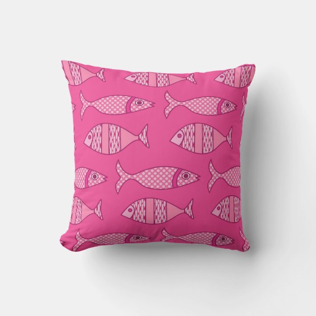 Retro moderner Fisch-Druck, pinkfarben u. hellrosa Kissen (Vorderseite)
