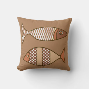 Retro Moderner Fisch, Tan, Beige und leicht braun Kissen