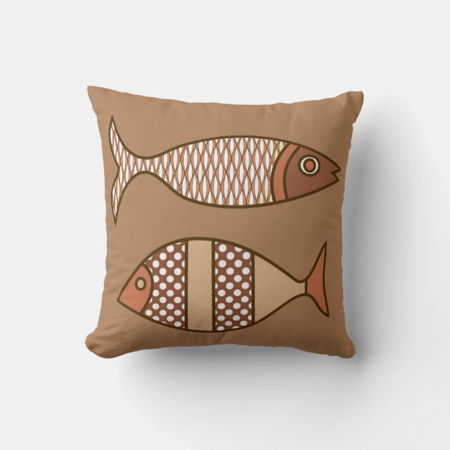 Retro Moderner Fisch, Tan, Beige und leicht braun Kissen (Vorderseite)
