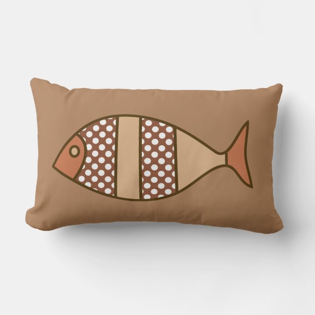 Retro Moderner Fisch, Tan, Beige und leicht braun Lendenkissen (Vorderseite)