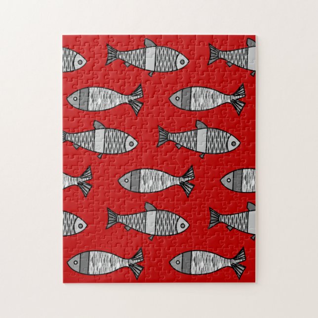 Retro Moderner Fisch, tiefrot und grau / grau (Vertikal)