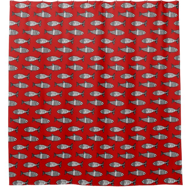 Retro Moderner Fisch, tiefrot und grau / grau Duschvorhang (Vorderseite)