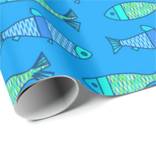 Retro Moderner Fisch, Türkis und Cerulean Blue Geschenkpapier