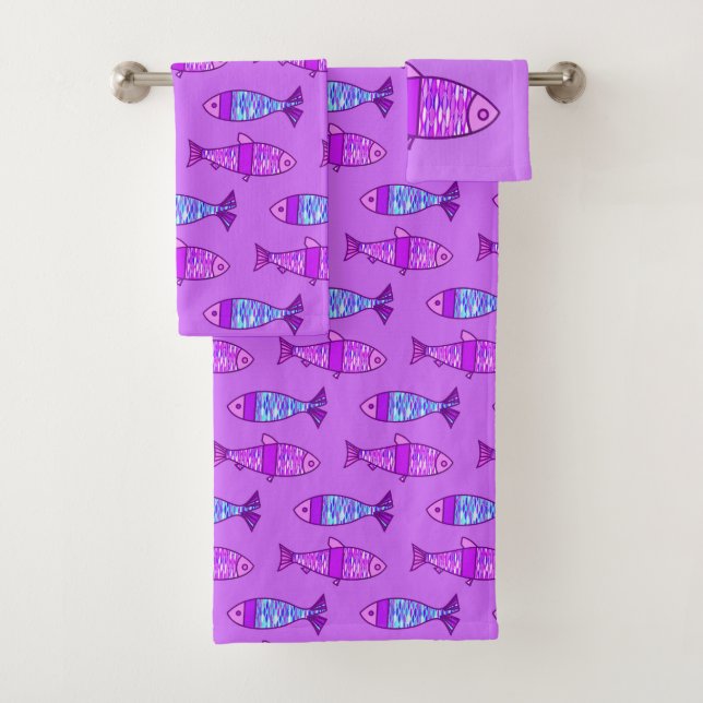 Retro Moderner Fisch, Violett & Amethyst Lila  Badhandtuch Set (Insitu)