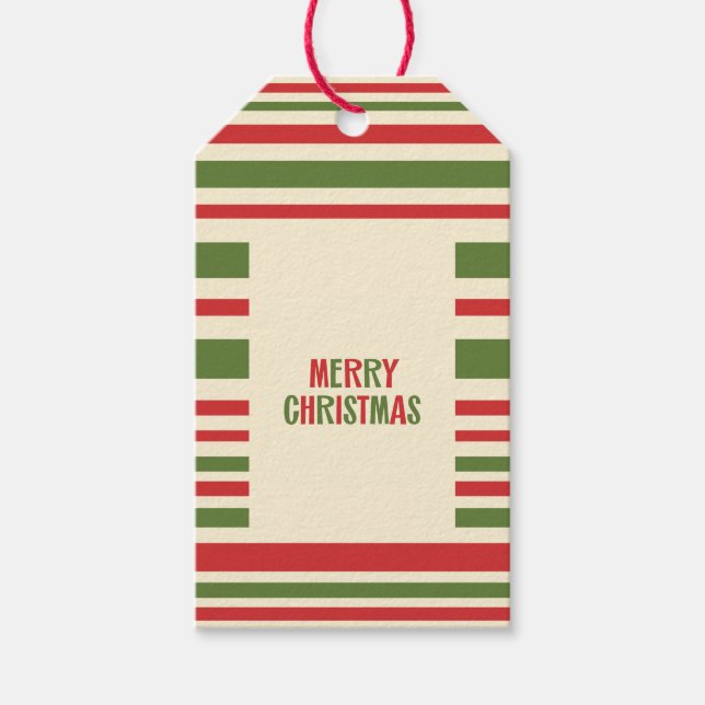 Retro Moderner Weihnachtsstreifen Rote grüne Creme Geschenkanhänger (Vorderseite)