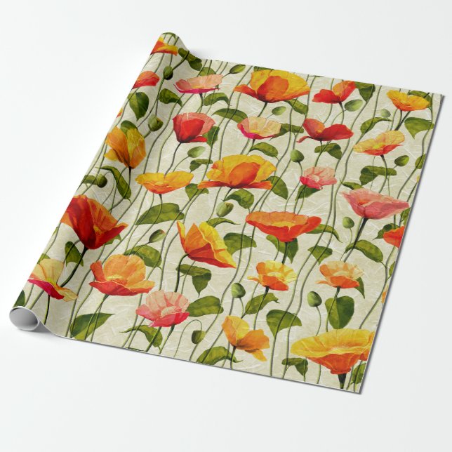 Retro Mohnblumen Geschenkpapier (Ungerollt)