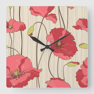 Retro Mohnblumen-Muster Quadratische Wanduhr
