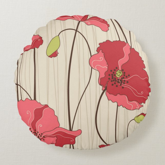 Retro Mohnblumen-Muster Rundes Kissen (Vorderseite)