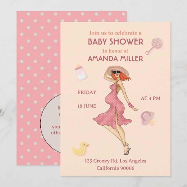 Retro Mommy Redhead 2 Baby Dusche Party Einladung (Vorne/Hinten)
