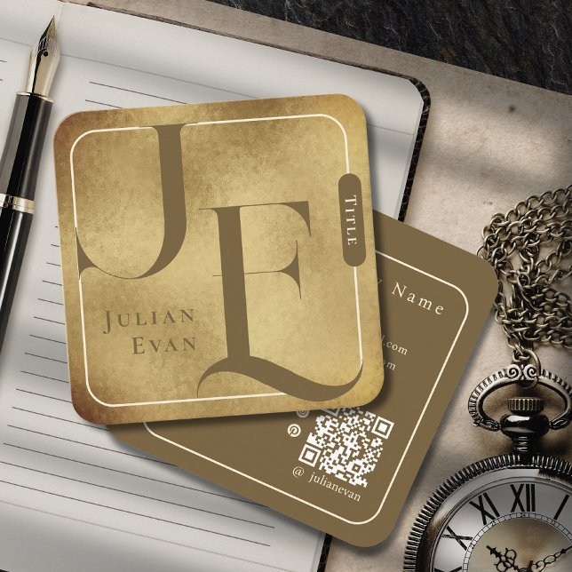 Retro Monogram Metallic Gold Square Business Card Quadratische Visitenkarte (Von Creator hochgeladen)