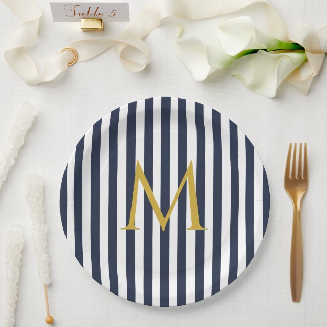 Retro Monogram Navy Blue & White Streifen Streifen Pappteller (Hochzeit)