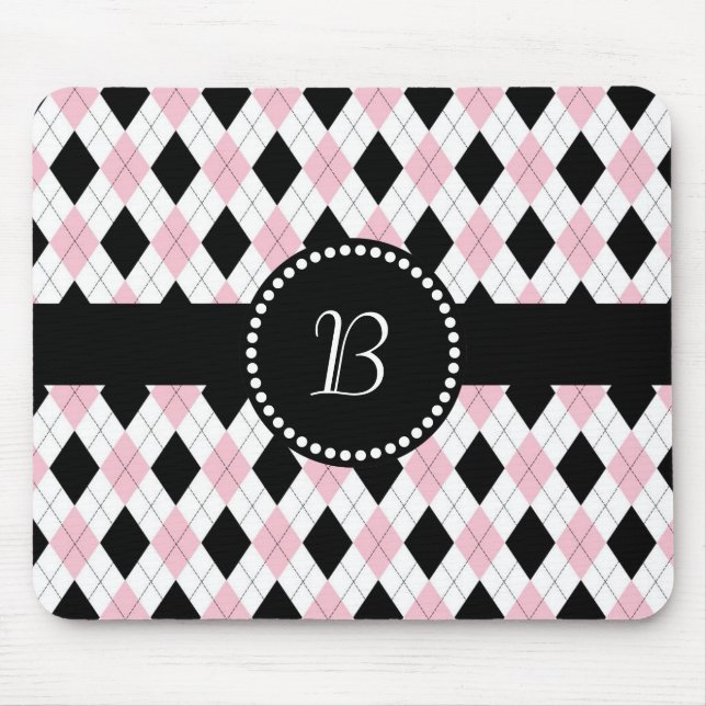 Retro Monogram Raute Muster Rosa Schwarz Mousepad (Vorne)