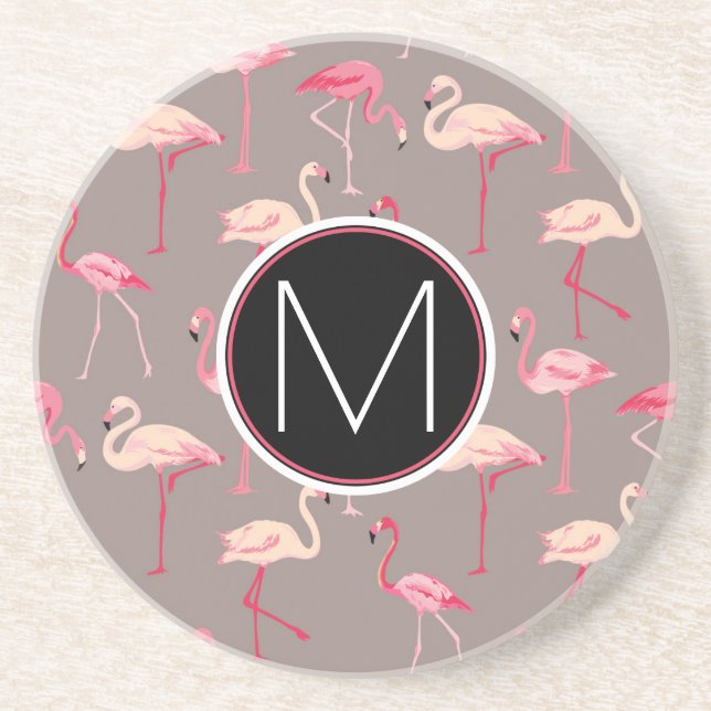 Retro Monogramm der Flamingo-| Sandstein Untersetzer (Vorne)