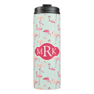 Retro Monogramm des Flamingo-Muster-  Thermosbecher