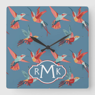 Retro Monogramm des Kolibri-Muster-  Quadratische Wanduhr