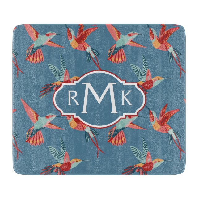 Retro Monogramm des Kolibri-Muster-| Schneidebrett (Vorderseite)