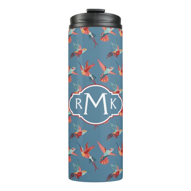 Retro Monogramm des Kolibri-Muster-| Thermosbecher (Vorderseite)