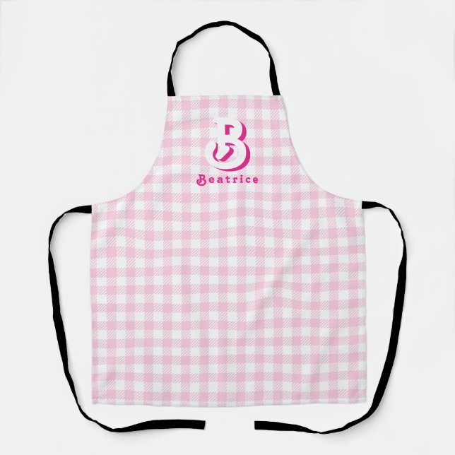 Retro Monogramm Elegant Minimal Kariert Rosa und W Schürze (Vorderseite)