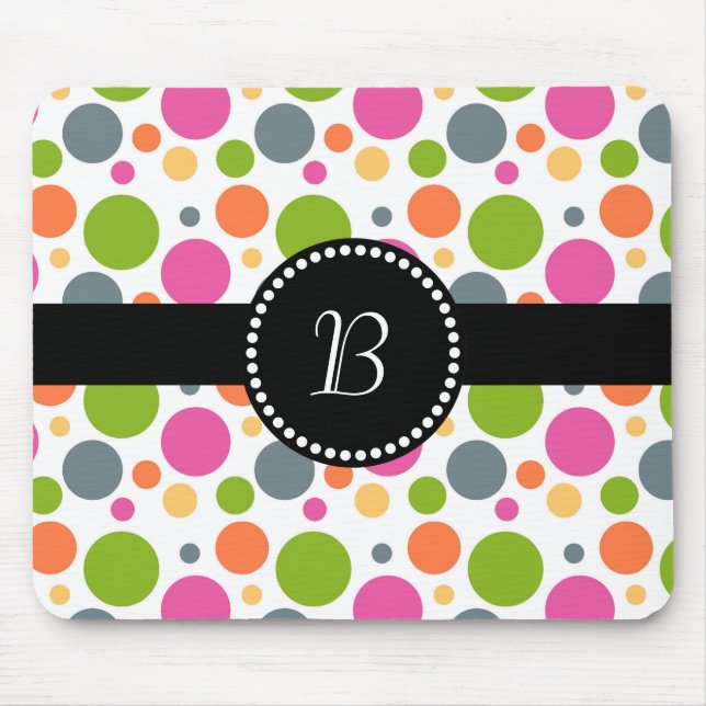 Retro Monogramm farbiger Polka-Dot Mousepad (Vorne)