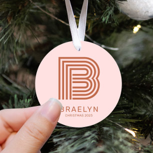 Retro Monogramm und Name Pink Terracotta Weihnacht Ornament Aus Metall