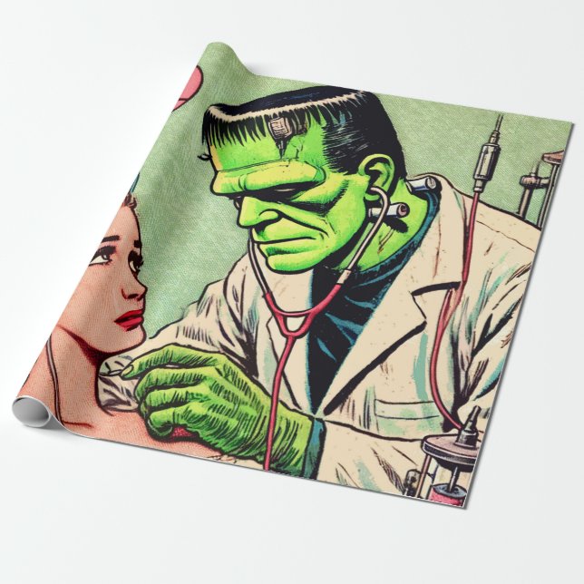 Retro Monster-Liebe-Comicen Geschenkpapier (Ungerollt)