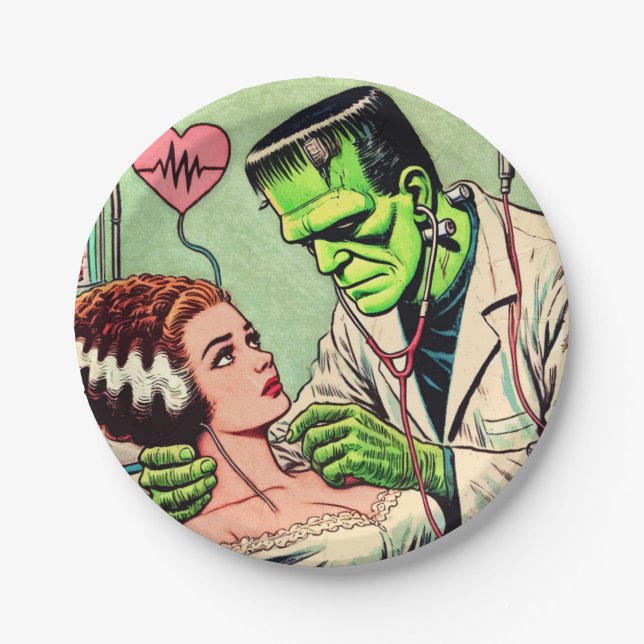 Retro Monster-Liebe-Comicen Pappteller (Vorderseite)
