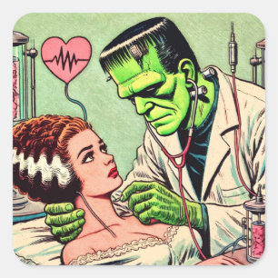 Retro Monster-Liebe-Comicen Quadratischer Aufkleber