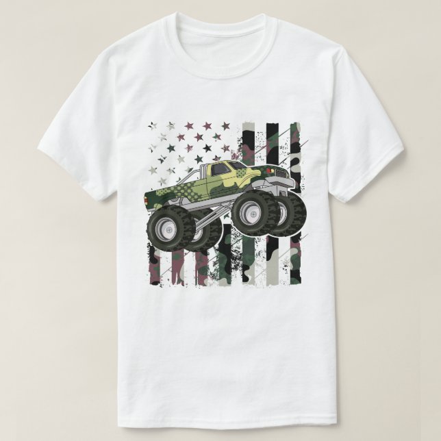 Retro Monster Truck Camouflage Amerikanische Flagg T-Shirt (Design vorne)