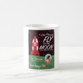 Retro Moon Flight Cartoon Reiseplakat Kaffeetasse