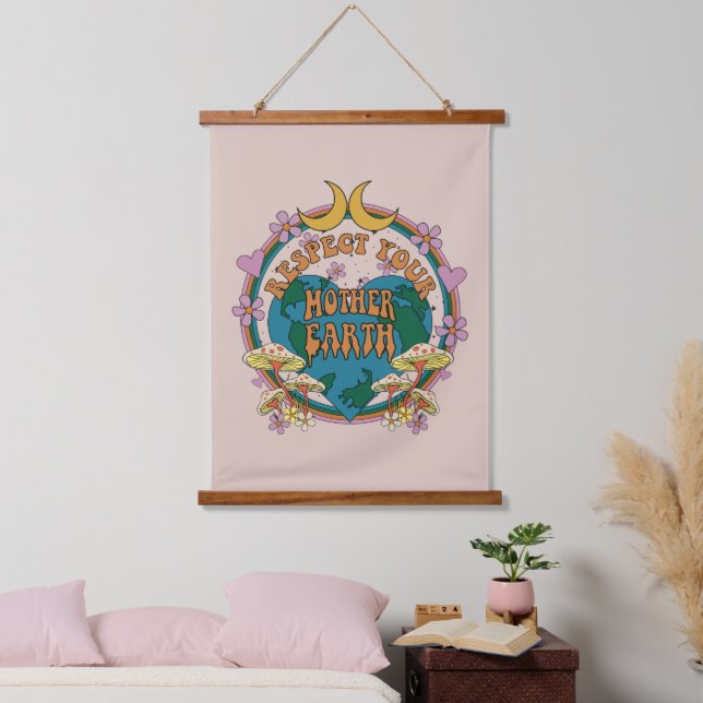 Retro Mother Earth Graphic der 70er Wandteppich Mit Holzrahmen (Schlafzimmer)