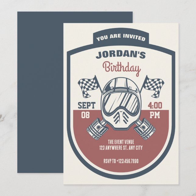 Retro-Motorradrennen Geburtstag Einladung (Vorne/Hinten)