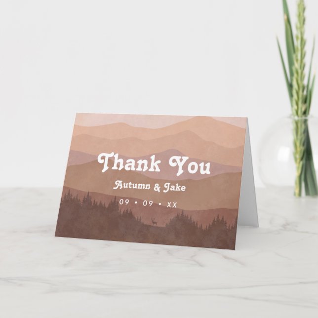 Retro Mountains & Forest Dusty Pink Wedding Dankeskarte (Vorderseite)